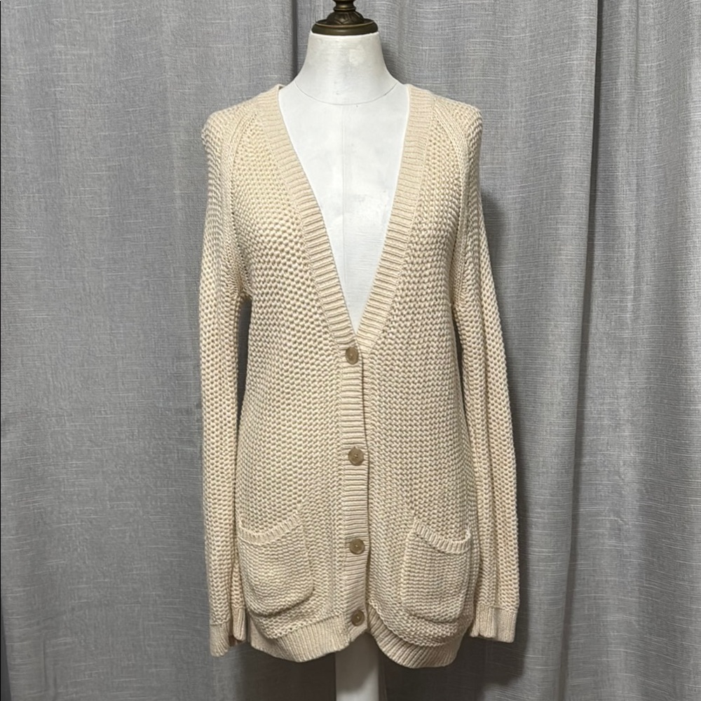 Shaker Knit Cardigan-GAP-Sz M-Cotton-Cream-4 Button V Neck Front-Pockets